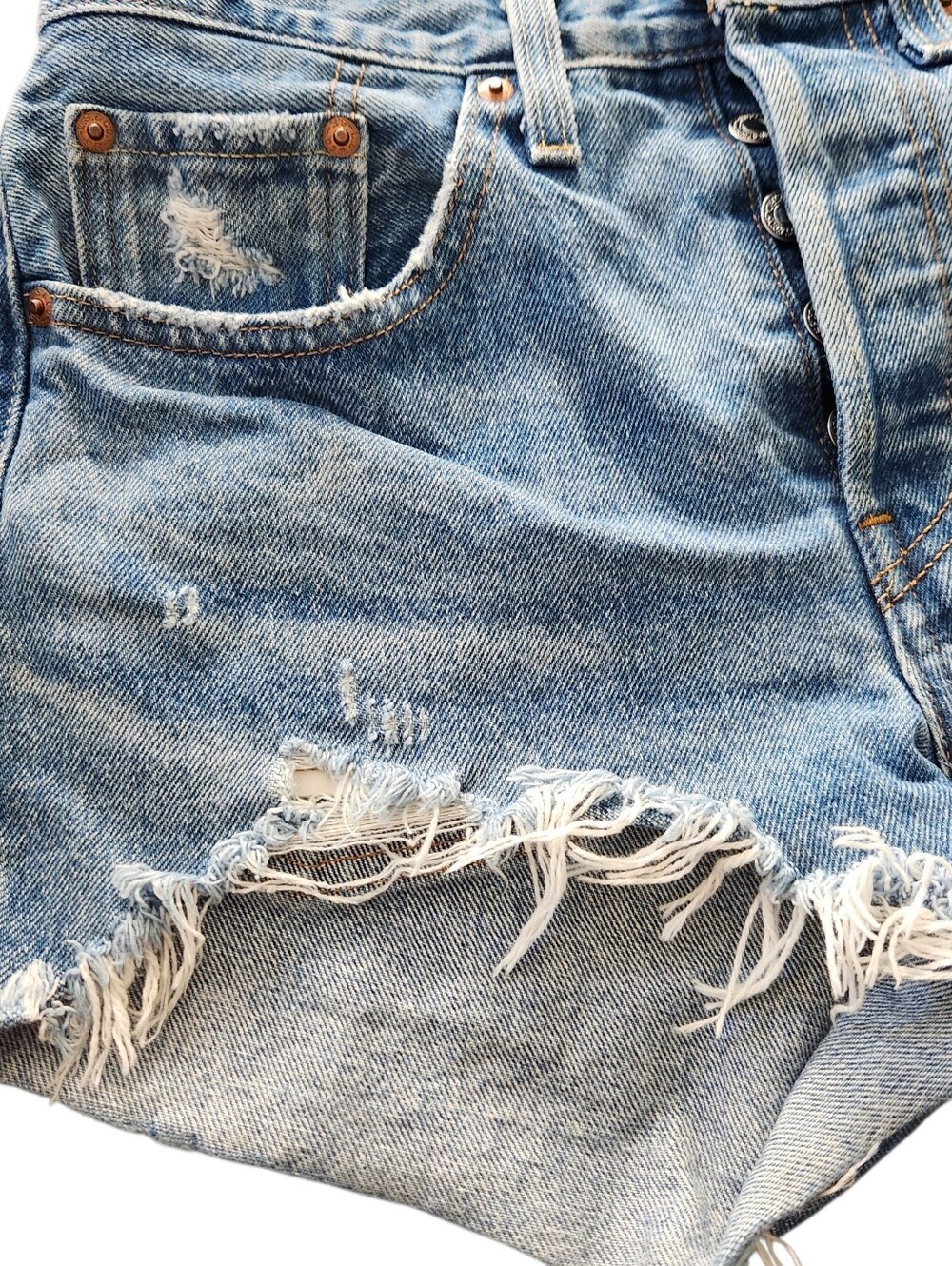 Levi's 501 Cut Off Blue Denim Shorts Distressed Frayed Button Fly Women Size 26 - Picture 6 of 13
